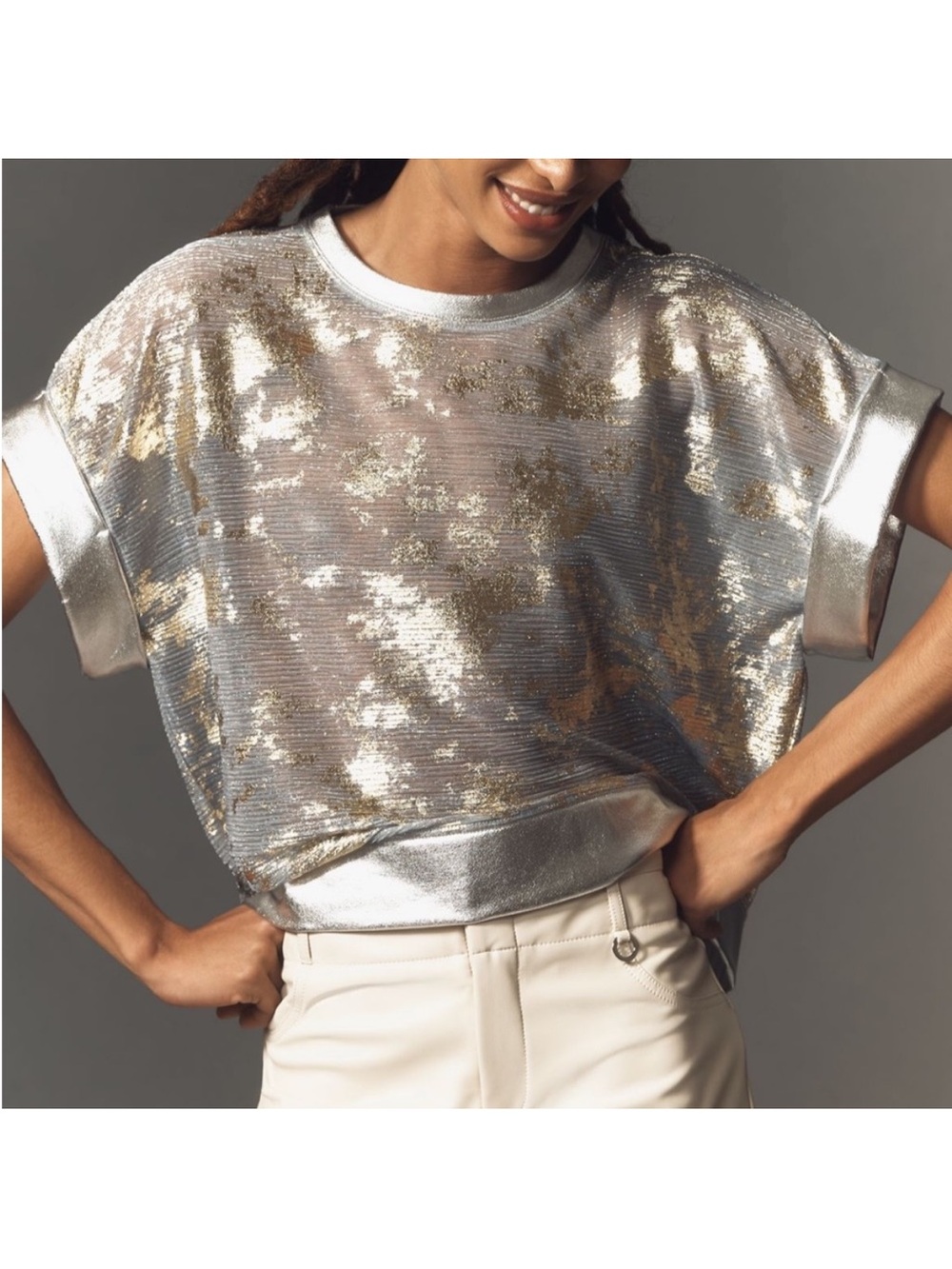 Pilcro Iridescent Silver Sequin Short Sleeve Tee